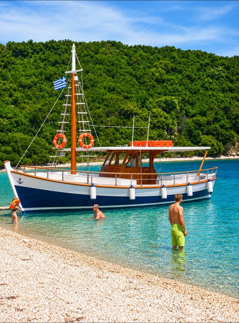 Traditional wooden boat anchored in the clear waters of Lefkada